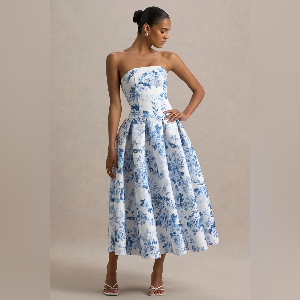 Club L London Blue Porcelain Print Bandeau Midi Dress With Volume Skirt - NWT